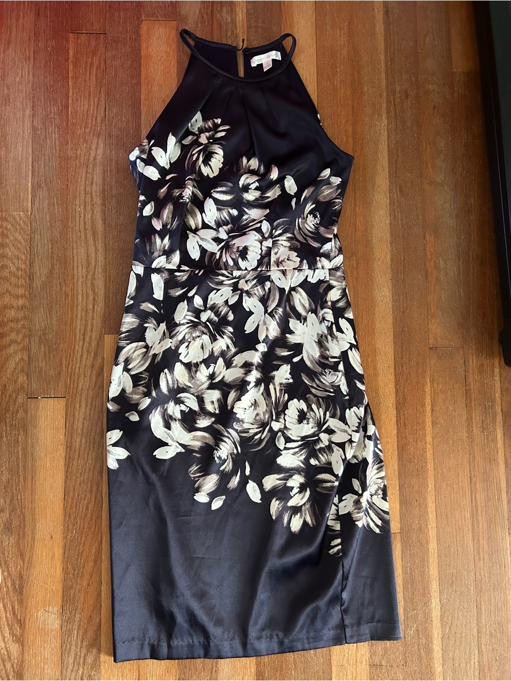 Lovely London Times size 2 Black Halter Midi Dress with Cream Floral Print, FLAW